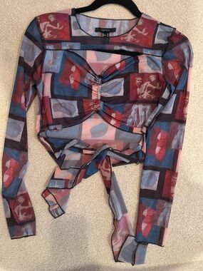 Forever 21 Pink and Blue Printed Mesh Tie-Waist Crop Top